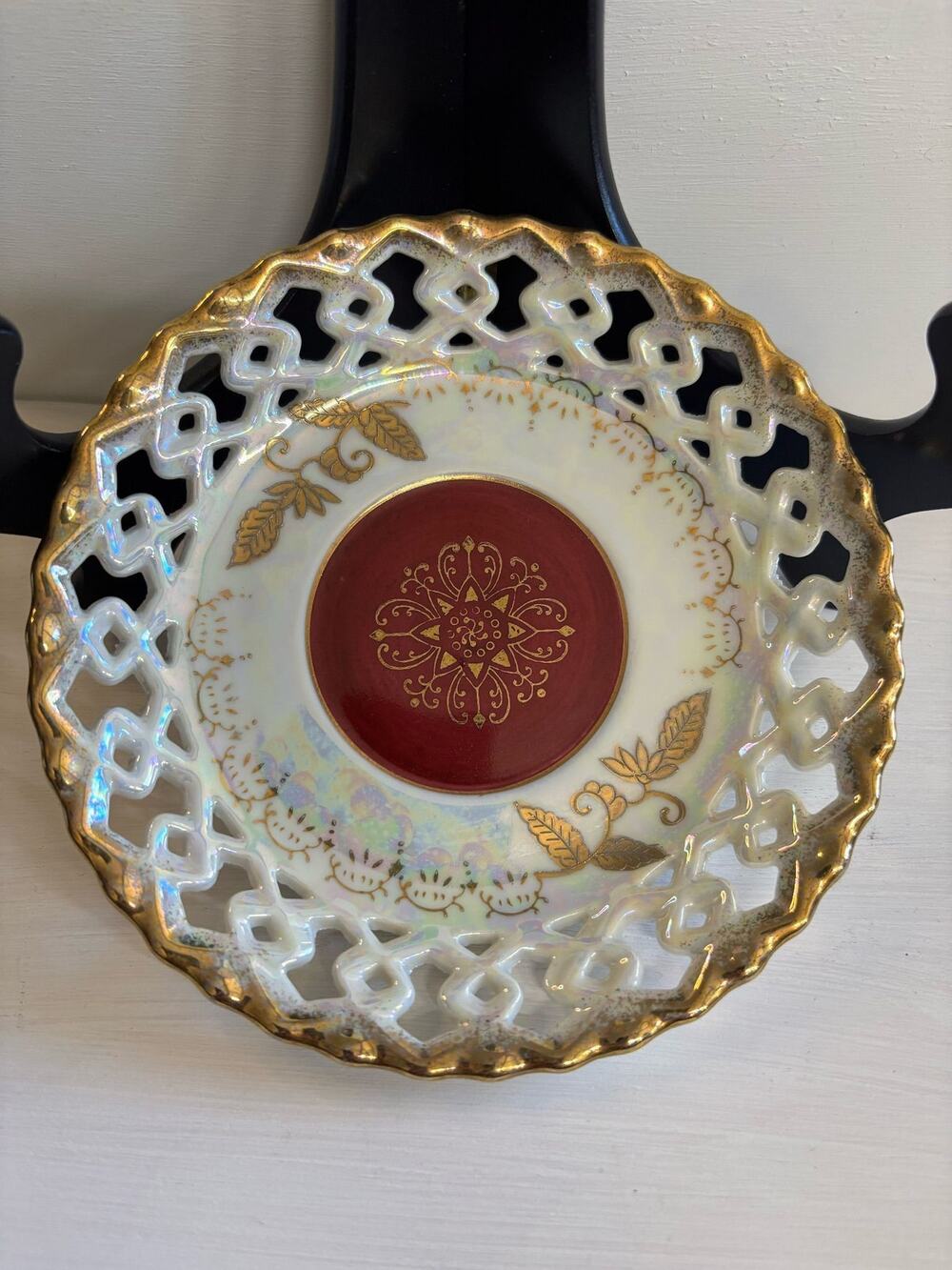 Royal Sealy Reticulated China Decorative Pierced Porcelain Dish with Gold Accent